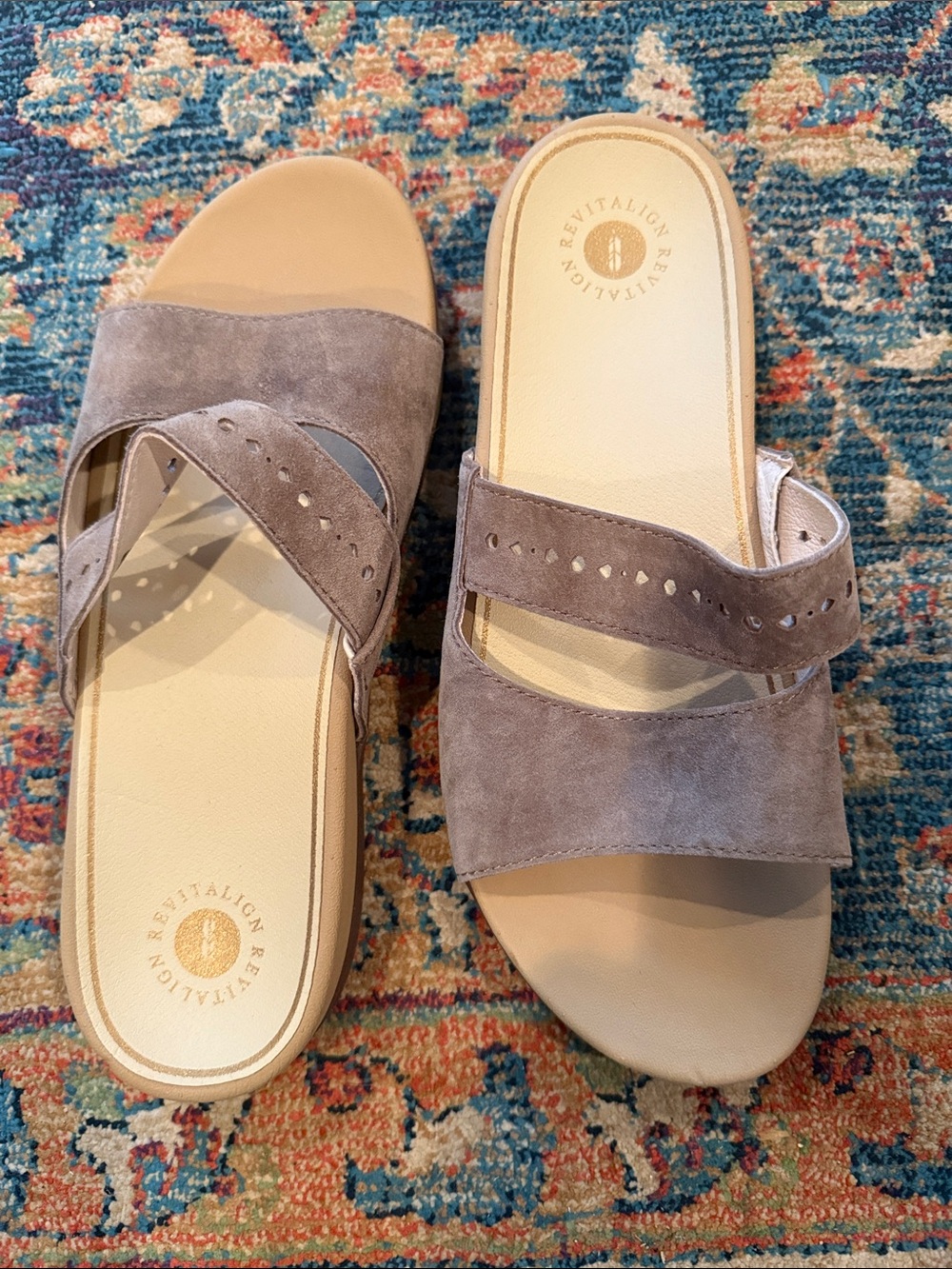 REVITALIGN Women's Taupe Suede Cross-Strap Slide Sandals